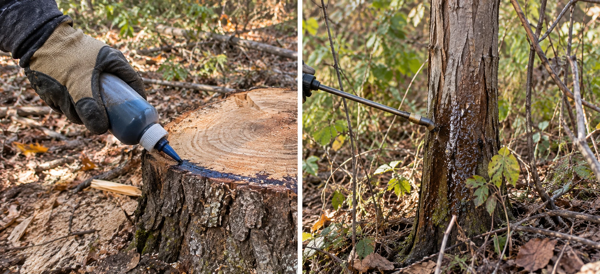 Split image: applying herbicide to a freshly cut tree stump (left) and basal bark treatment on a standing tree trunk (right)