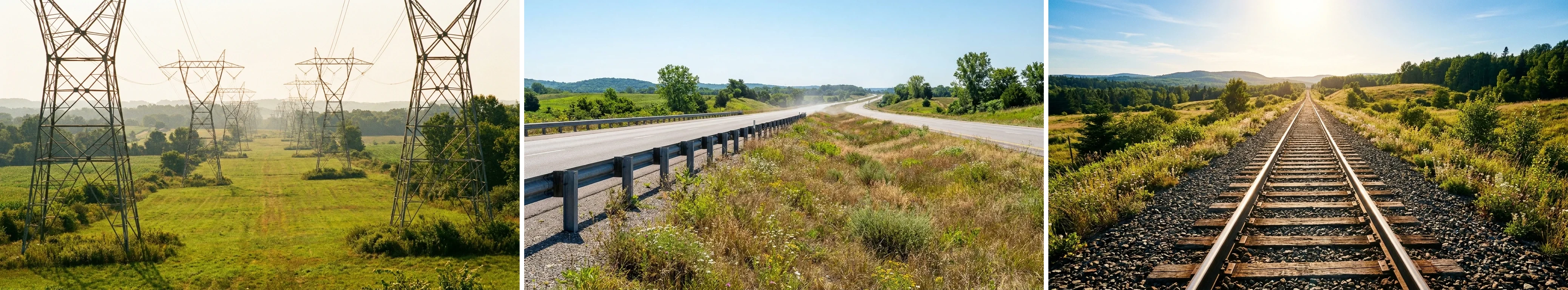 Three rights-of-way settings where summer vegetation control matters: a utility power-line corridor, a highway roadside easement, and a railway corridor.